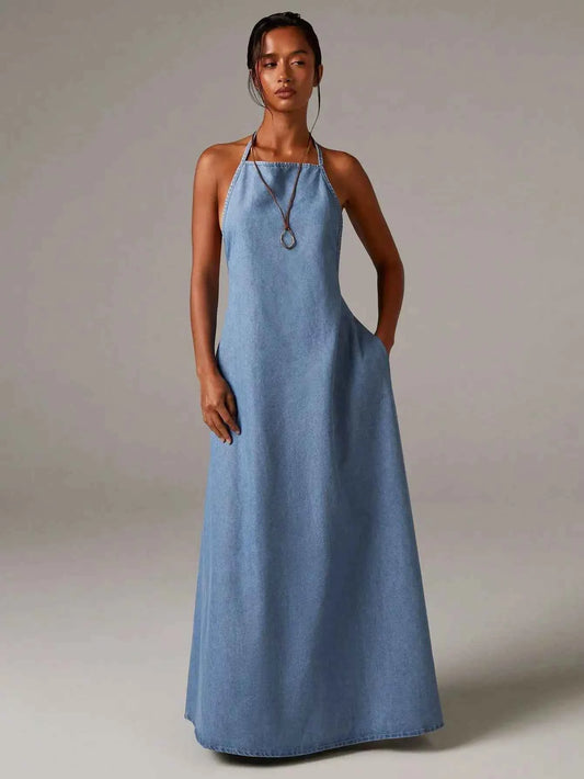 Denim Halterneck Maxi Dress