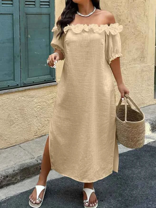 Off-Shoulder Puff Sleeve Loose Hem Slit Dress