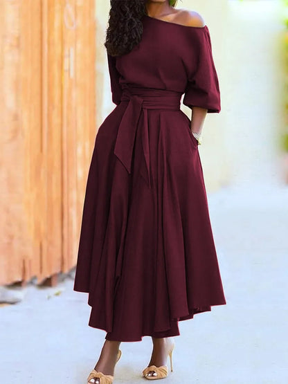 Slanted Shoulder Collar Tie Waist Dress