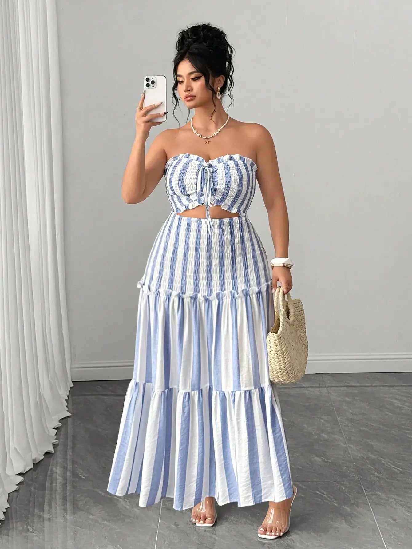 Blue And White Striped Strapless Dress