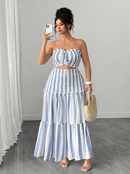 Blue And White Striped Strapless Dress