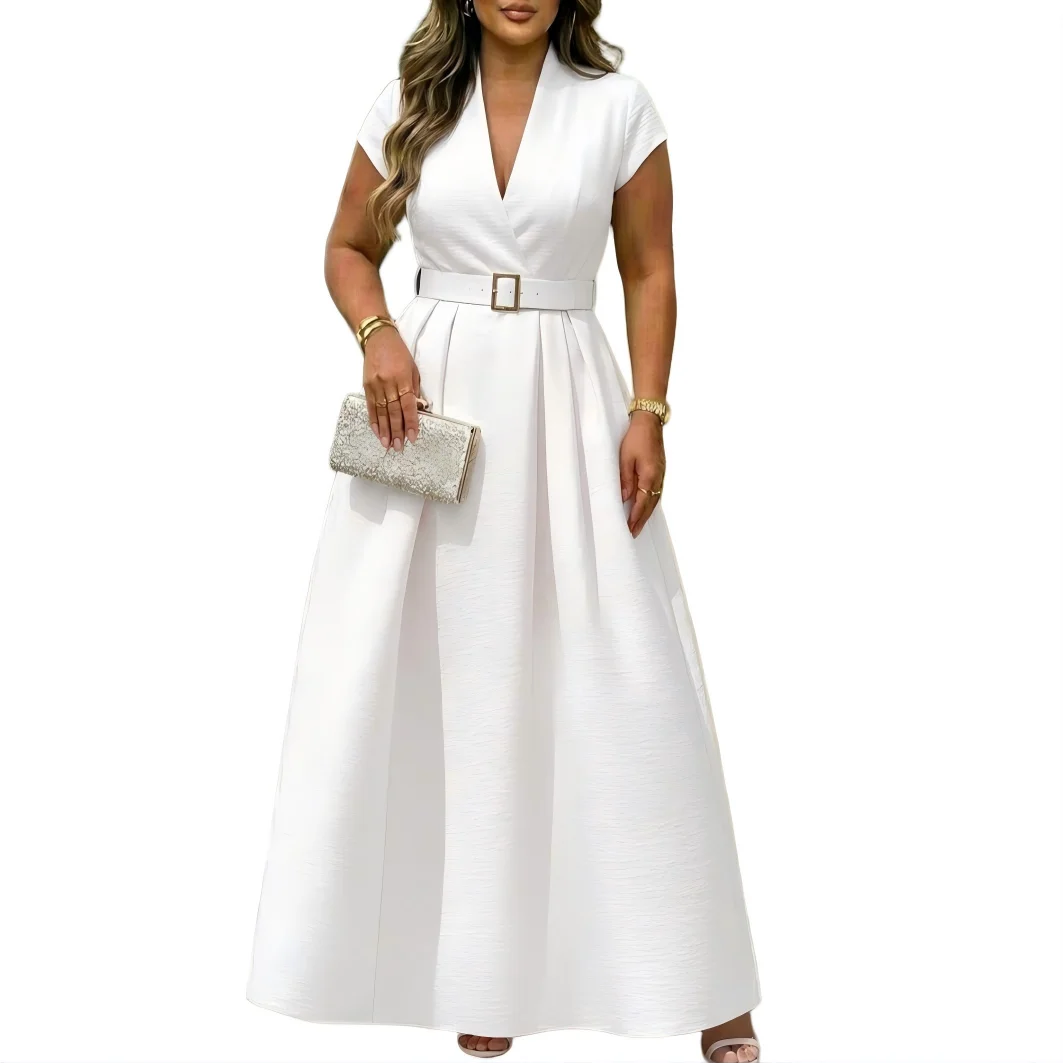 Short Sleeve Belted Maxi Gown Dress
