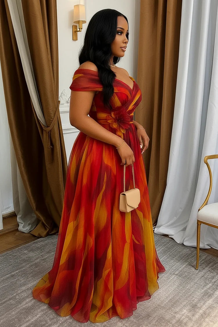 Off Shoulder Printed Maxi Gown With Front Slit