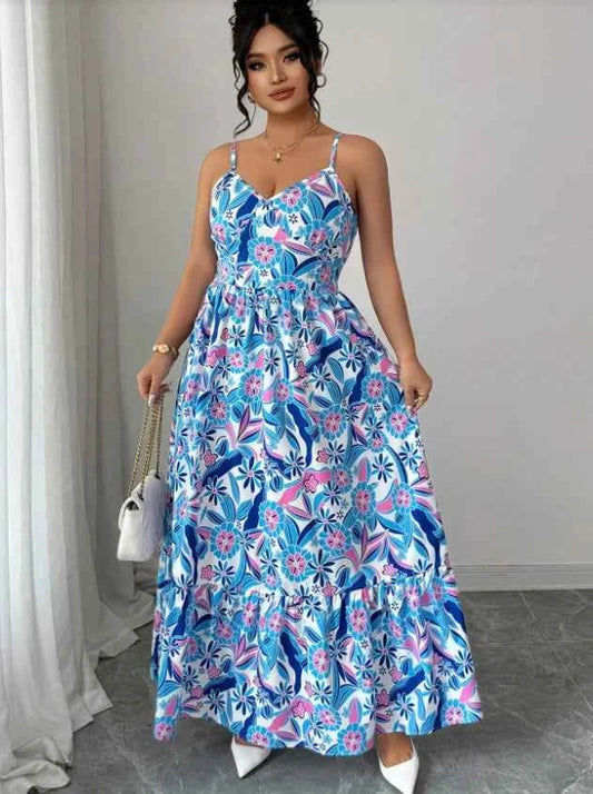 Blue and White Floral Camisole Long Dress