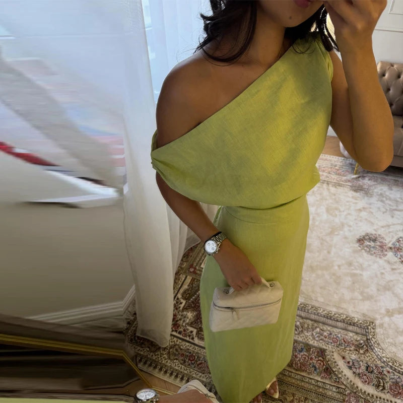 One Shoulder Draped Sleeveless Dress