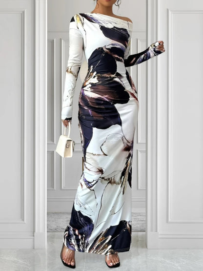 Printed Slanted Shoulder Long Sleeve Dress