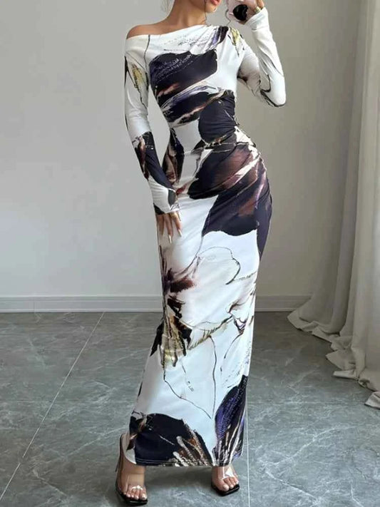 Printed Slanted Shoulder Long Sleeve Dress