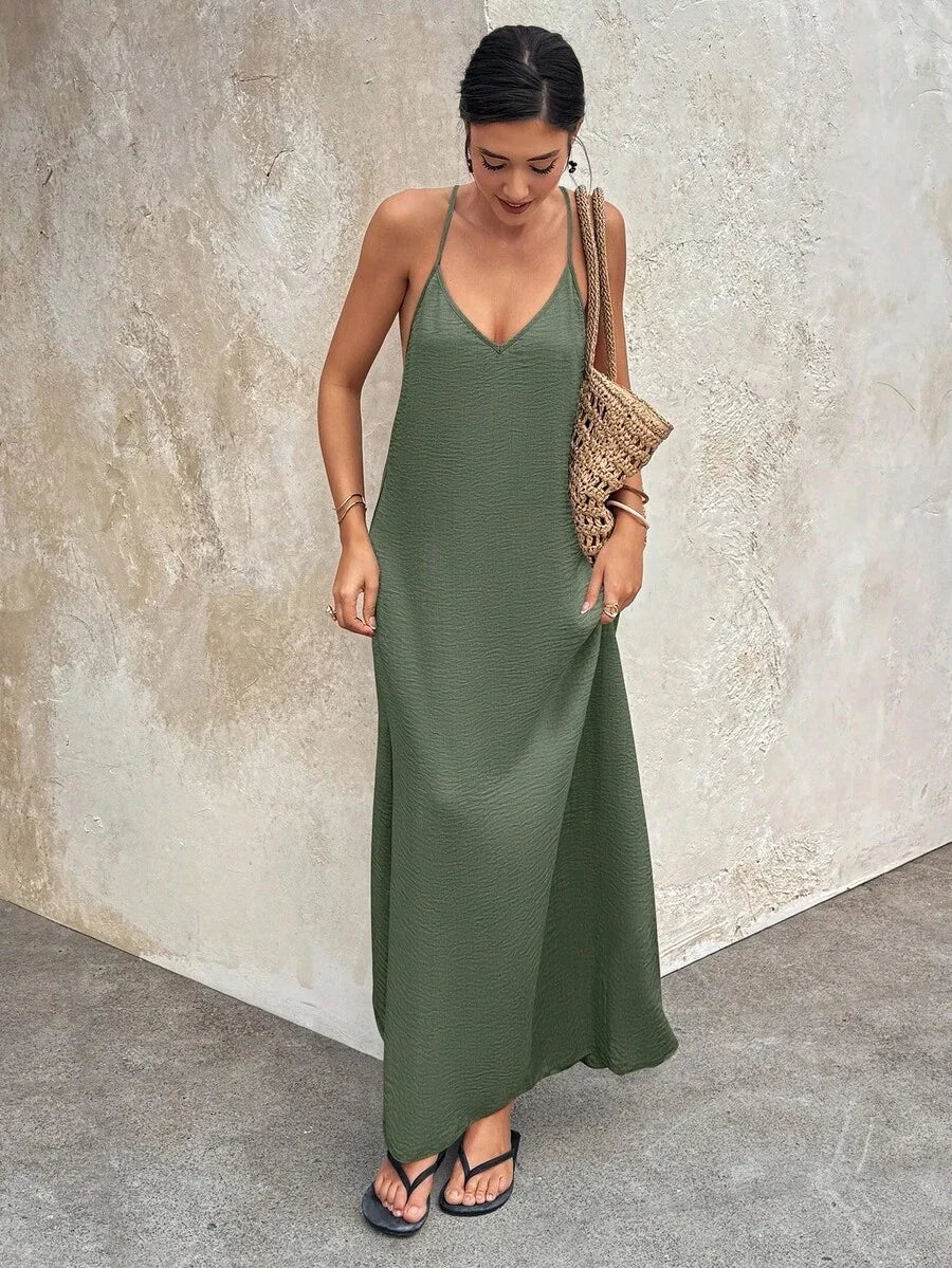 Solid Color Backless Long Elegant Dress
