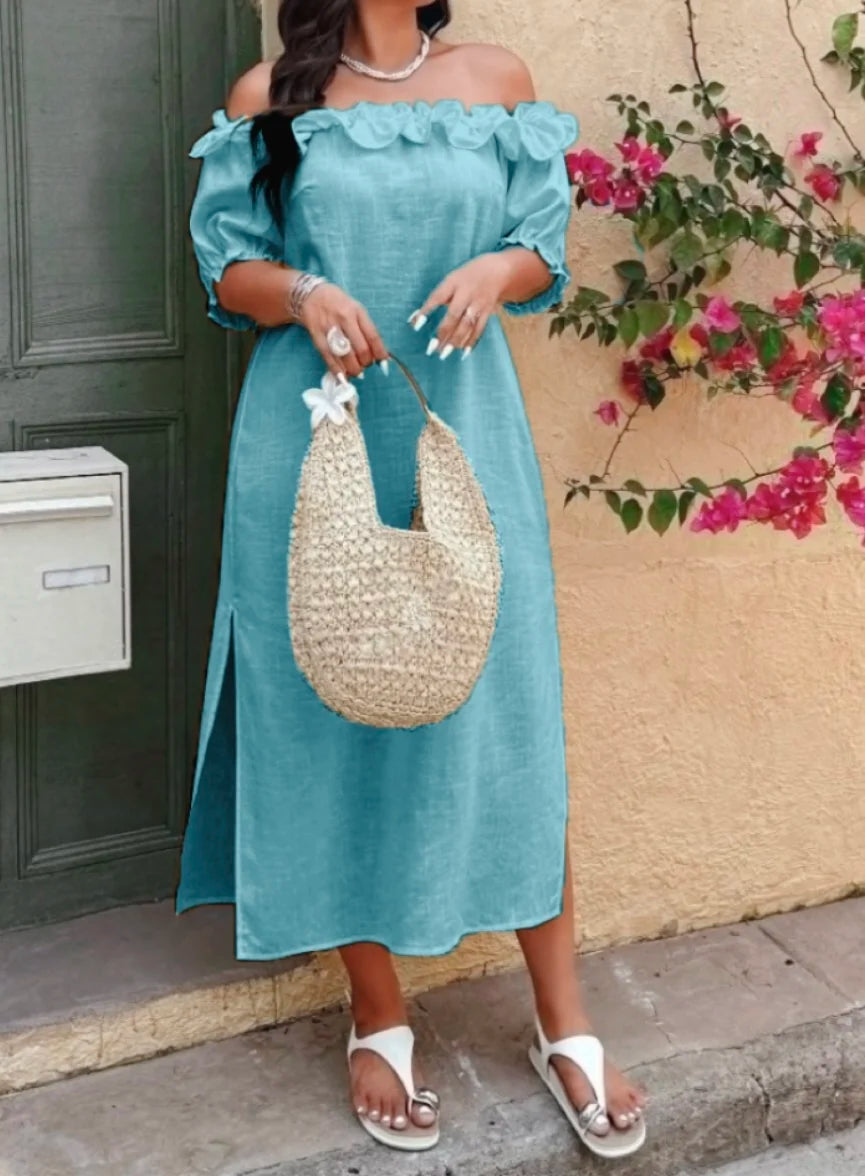 Off-Shoulder Puff Sleeve Loose Hem Slit Dress
