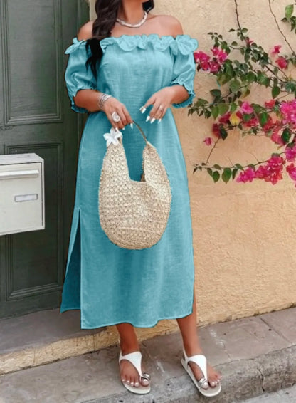 Off-Shoulder Puff Sleeve Loose Hem Slit Dress