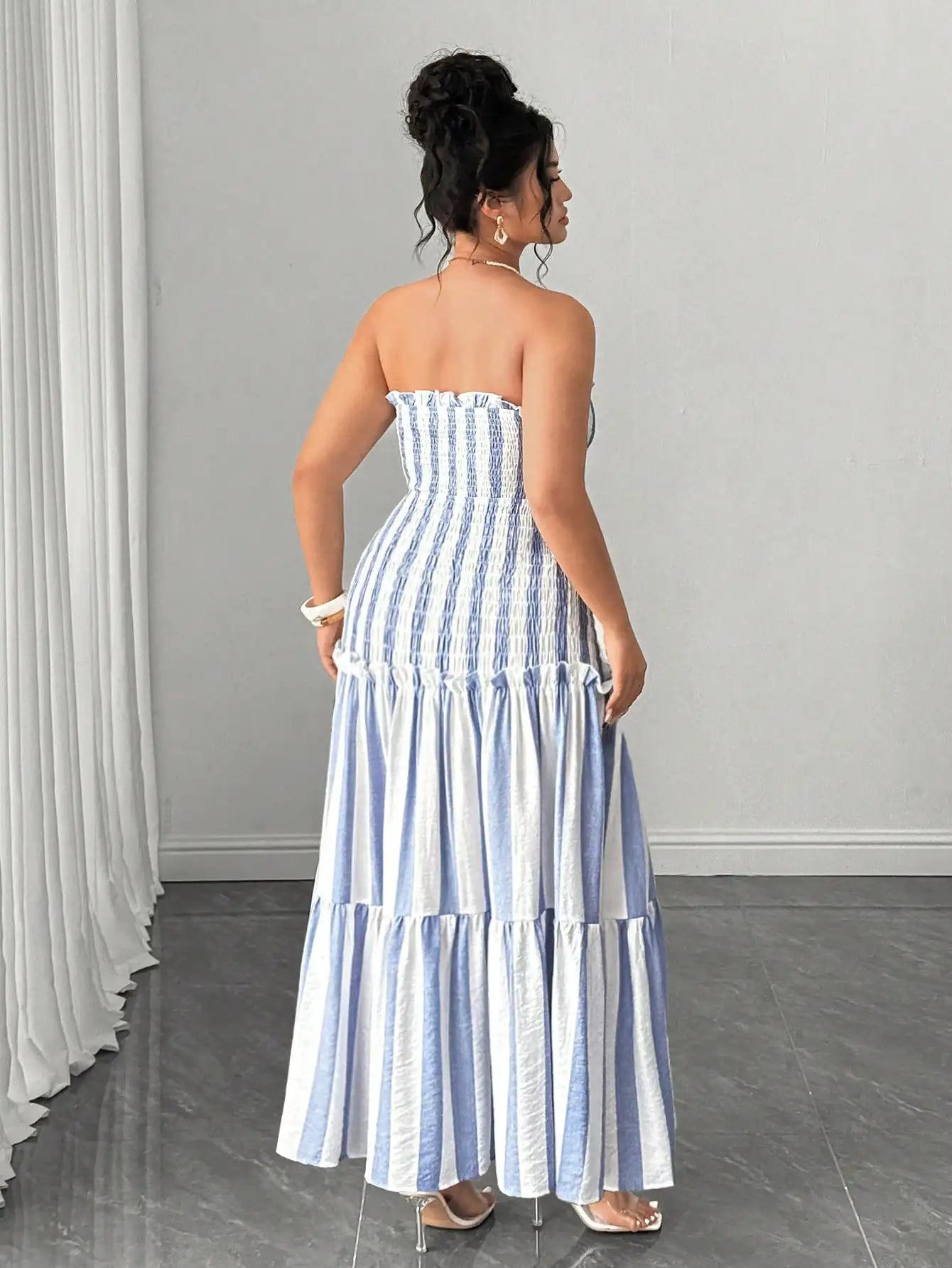 Blue And White Striped Strapless Dress