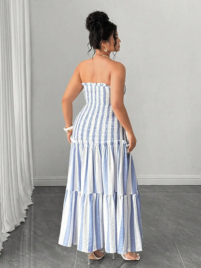 Blue And White Striped Strapless Dress