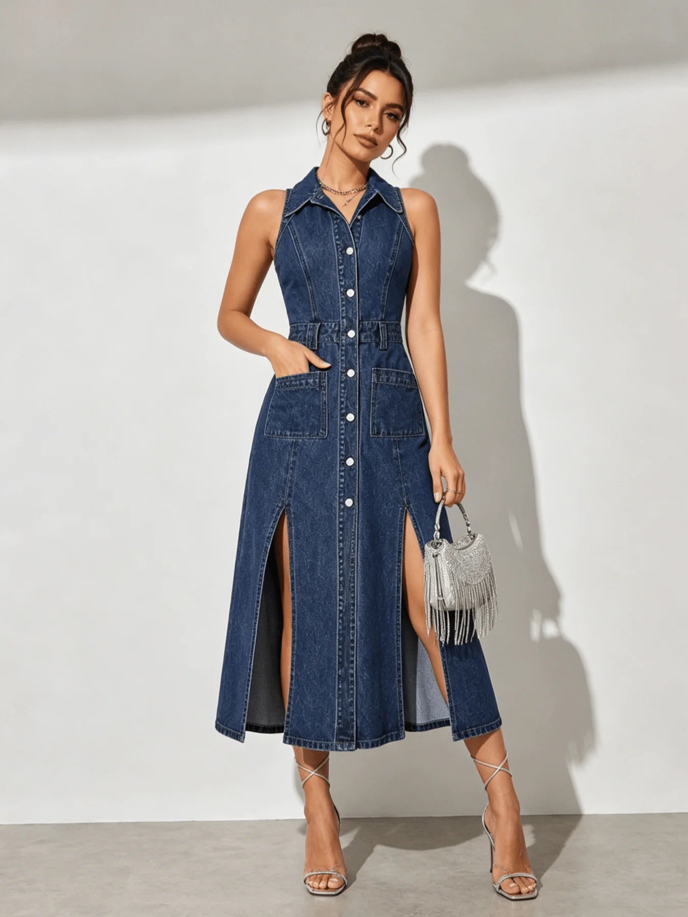 Collared Sleeveless Denim Dress With Slits and Pockets