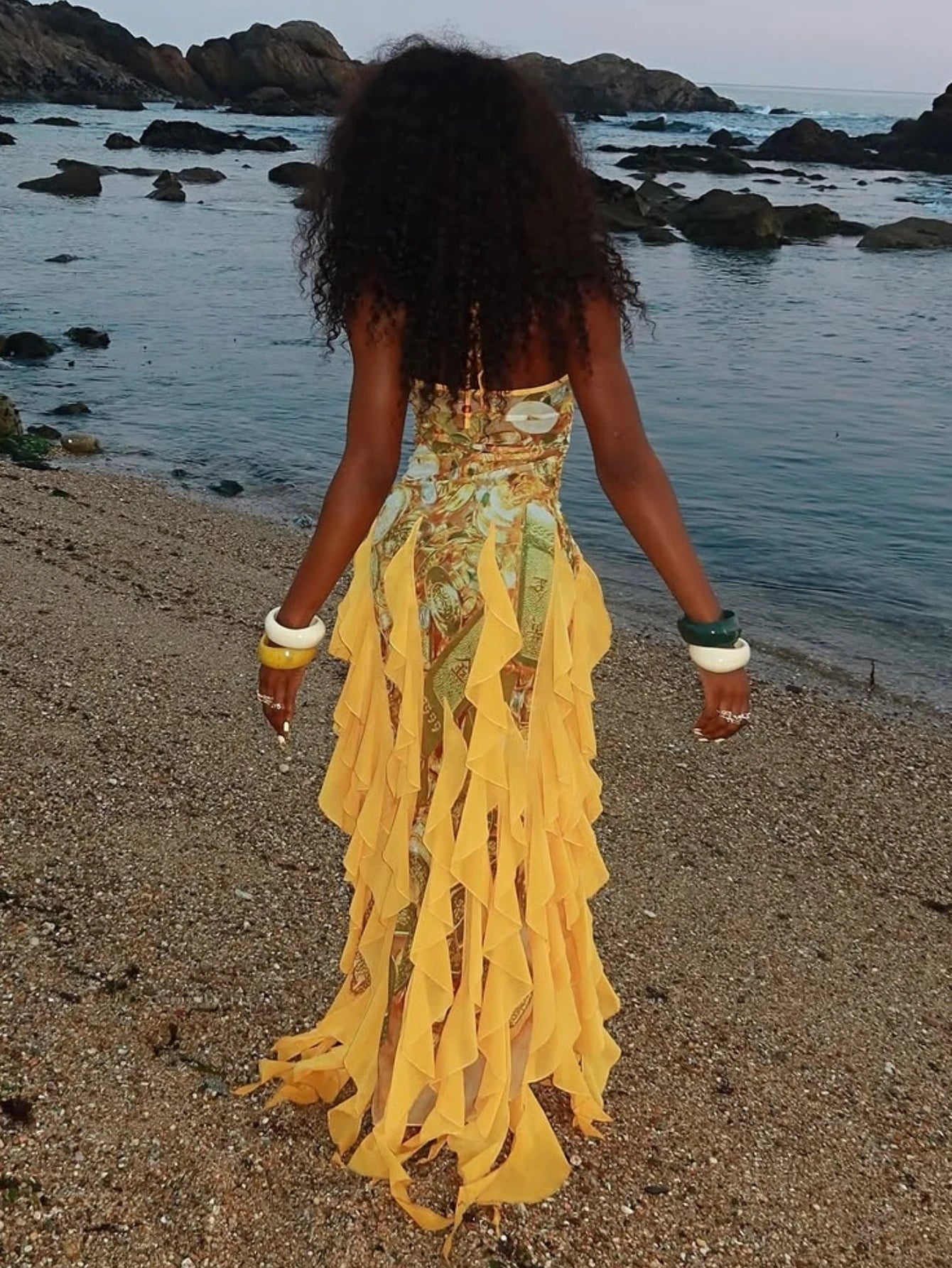 V Neck Ruffled Maxi Dress With High Side Slit