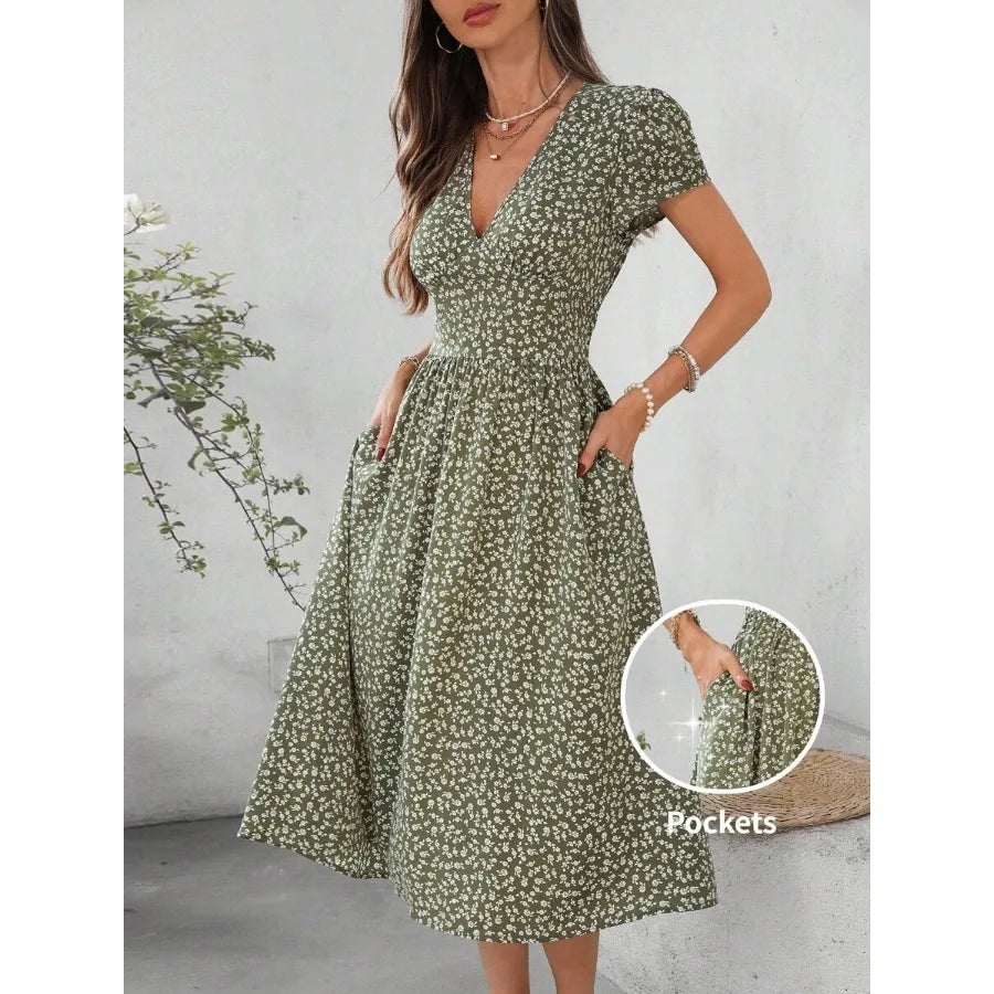 V-Neck Short Sleeve Mid-Length Dress