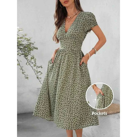 V-Neck Short Sleeve Mid-Length Dress