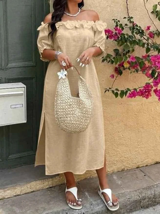 Off-Shoulder Puff Sleeve Loose Hem Slit Dress