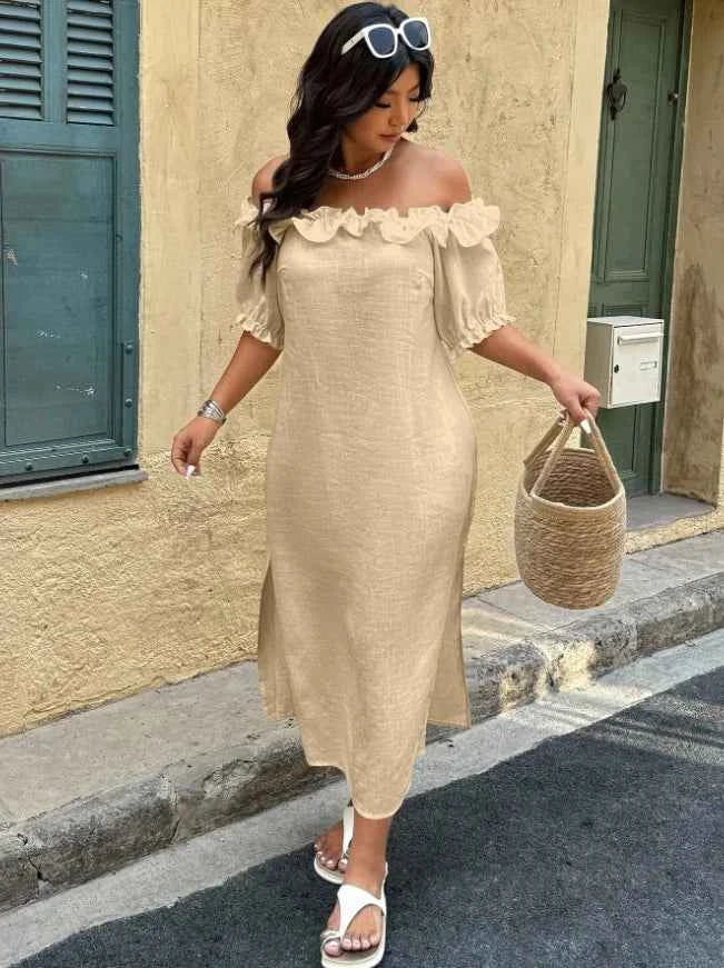 Off-Shoulder Puff Sleeve Loose Hem Slit Dress