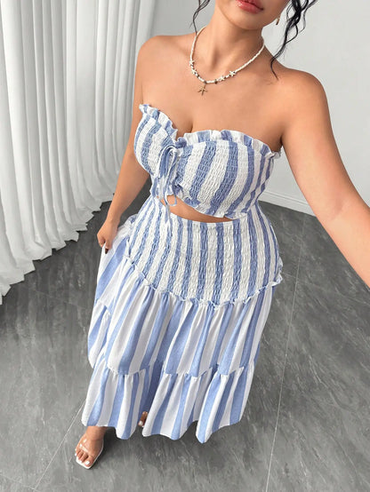 Blue And White Striped Strapless Dress