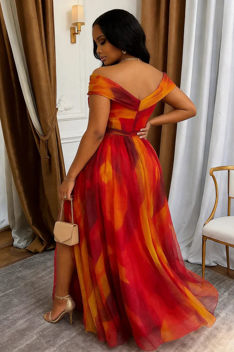 Off Shoulder Printed Maxi Gown With Front Slit