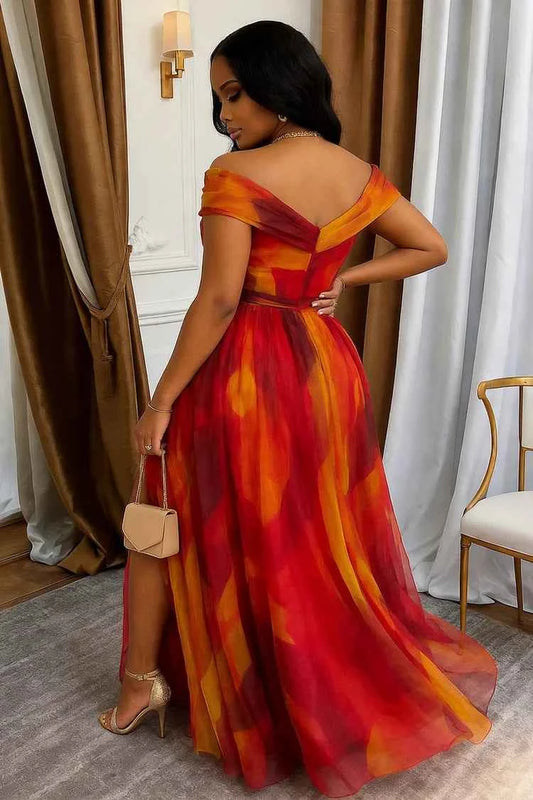 Off Shoulder Printed Maxi Gown With Front Slit