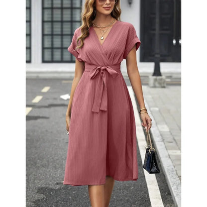 V Neck Short Sleeve Midi Dress