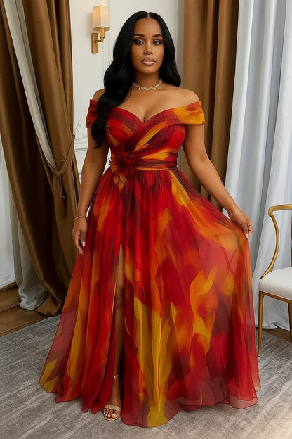Off Shoulder Printed Maxi Gown With Front Slit