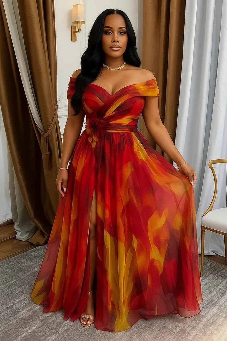 Off Shoulder Printed Maxi Gown With Front Slit