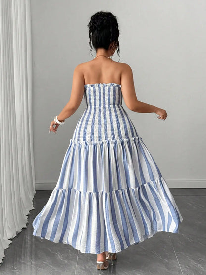 Blue And White Striped Strapless Dress