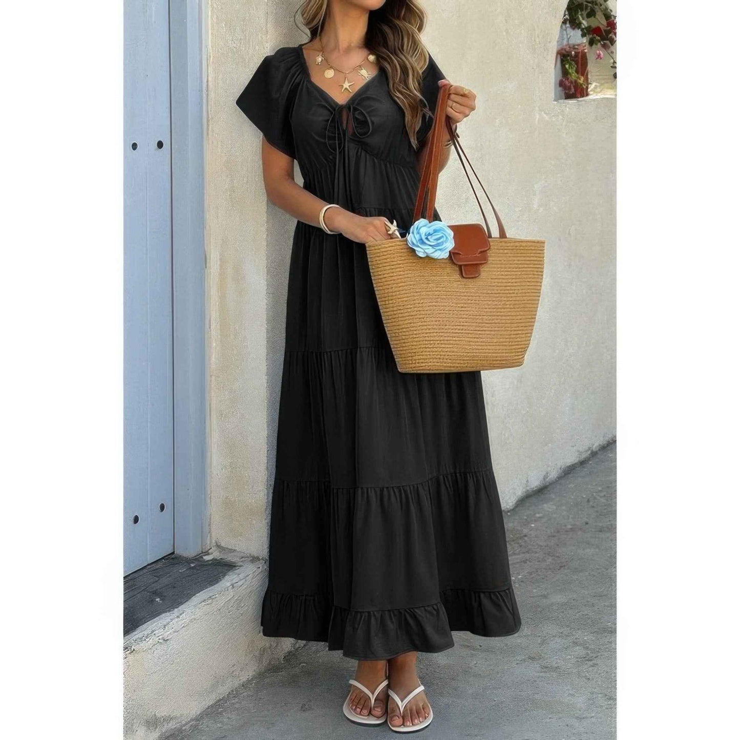 Square Neck Ruffle Hem Dress