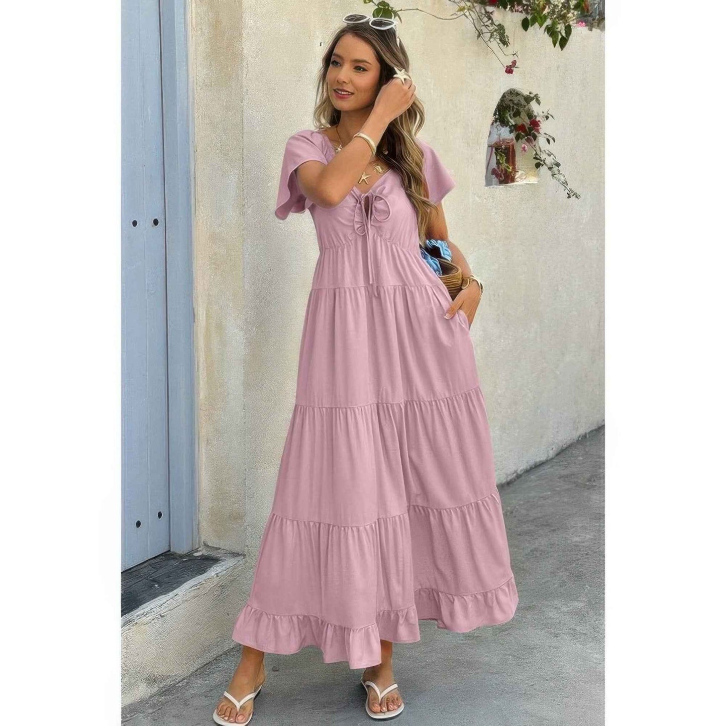 Square Neck Ruffle Hem Dress