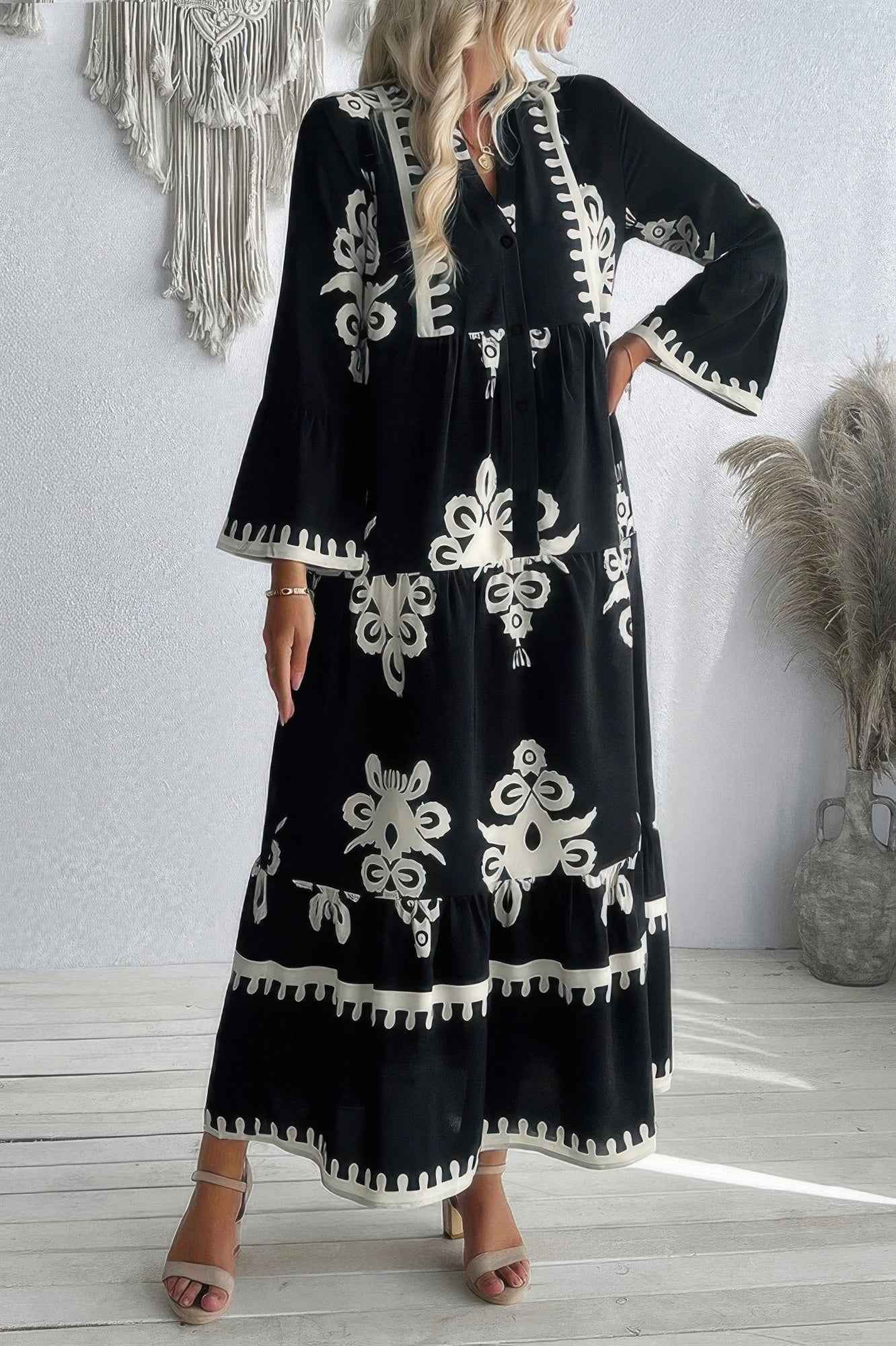 Collar Button Floral V-Neck Dress