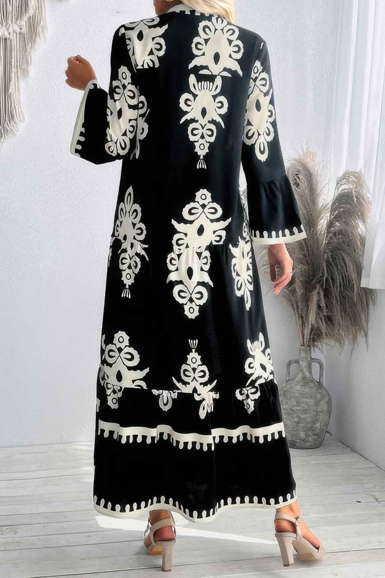 Collar Button Floral V-Neck Dress