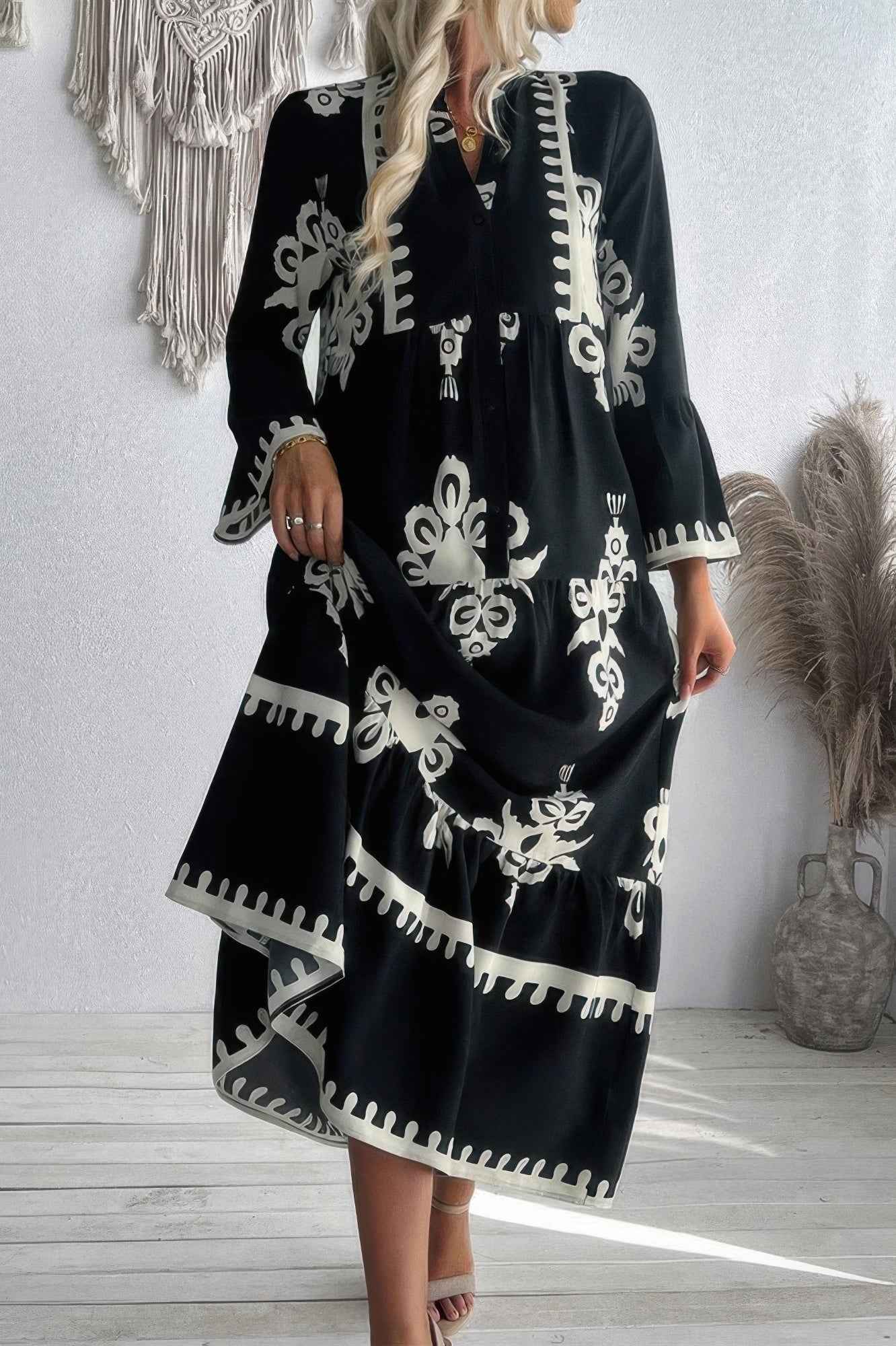 Collar Button Floral V-Neck Dress