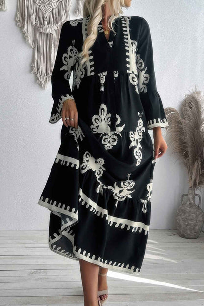 Collar Button Floral V-Neck Dress