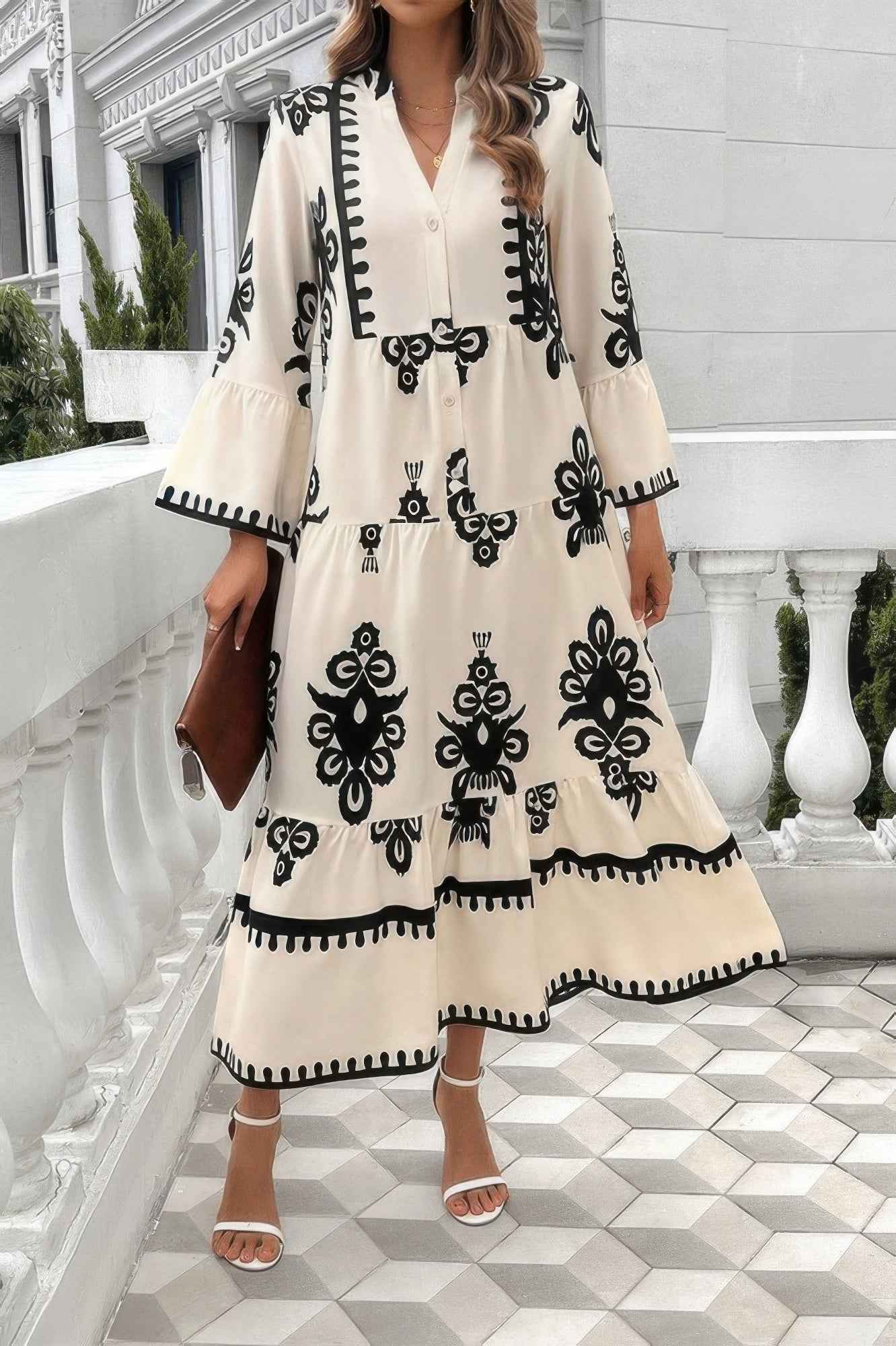Collar Button Floral V-Neck Dress