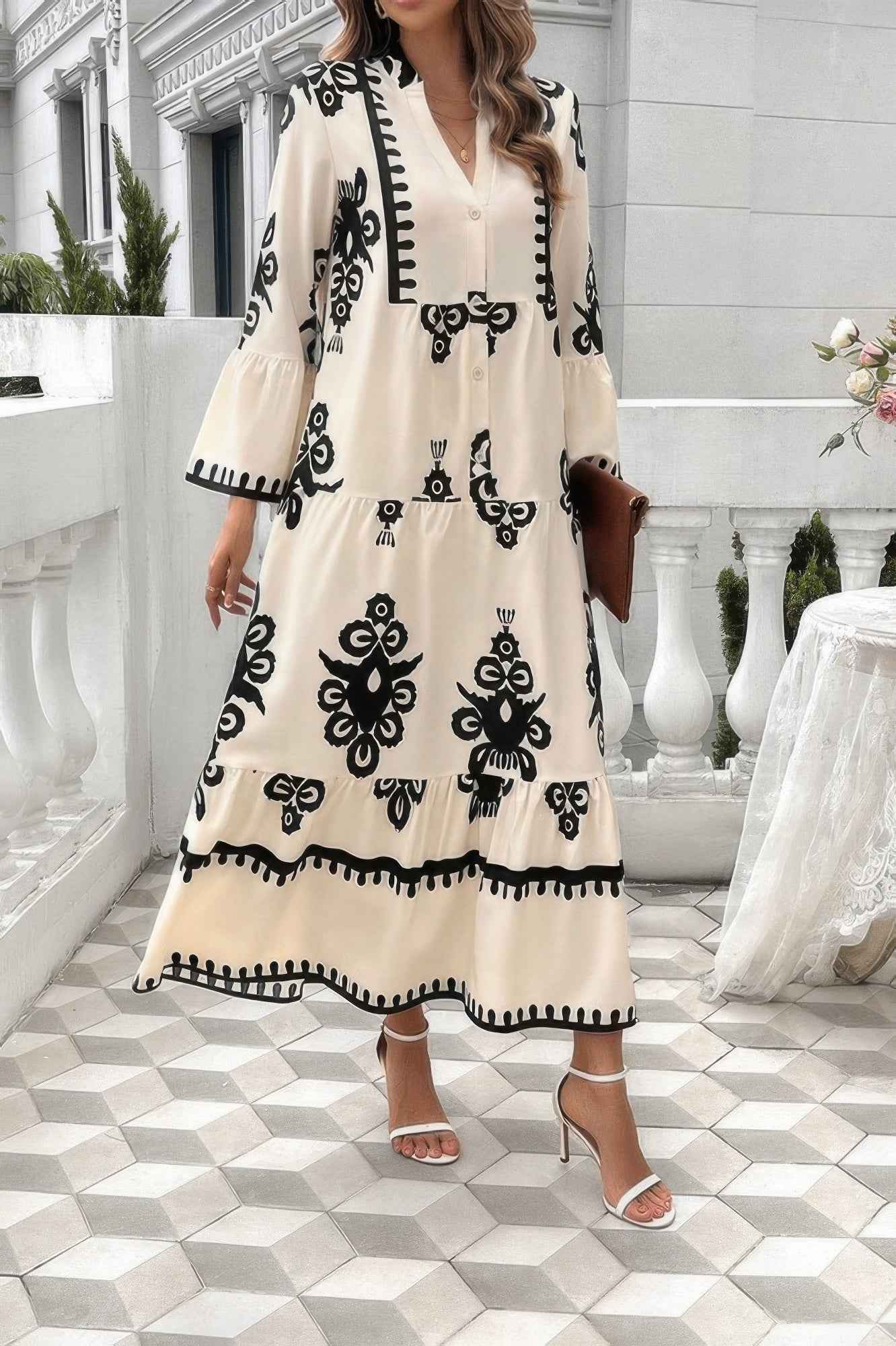Collar Button Floral V-Neck Dress