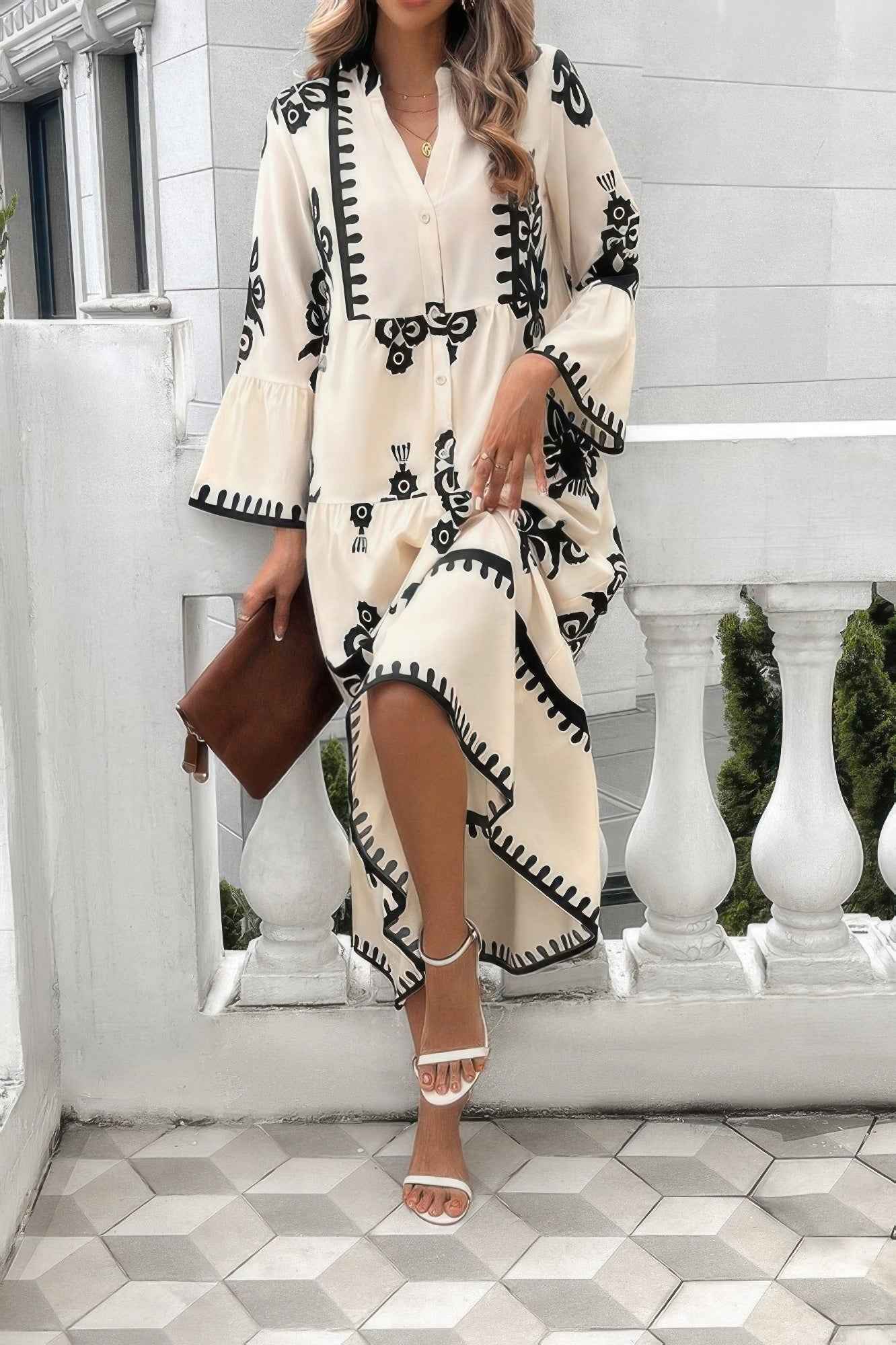 Collar Button Floral V-Neck Dress