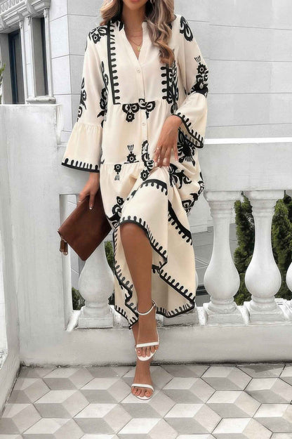 Collar Button Floral V-Neck Dress