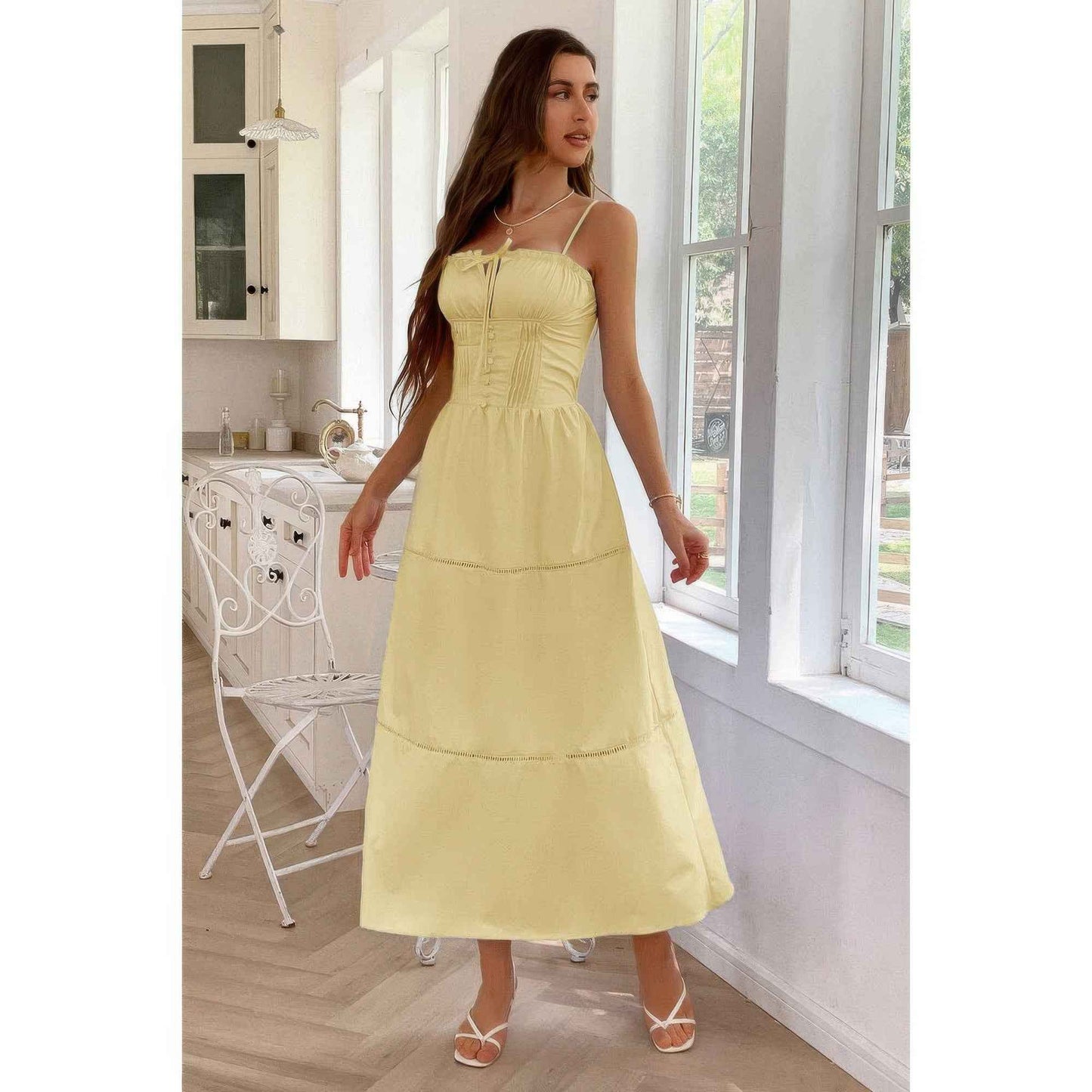 Solid Button Eyelet Dress