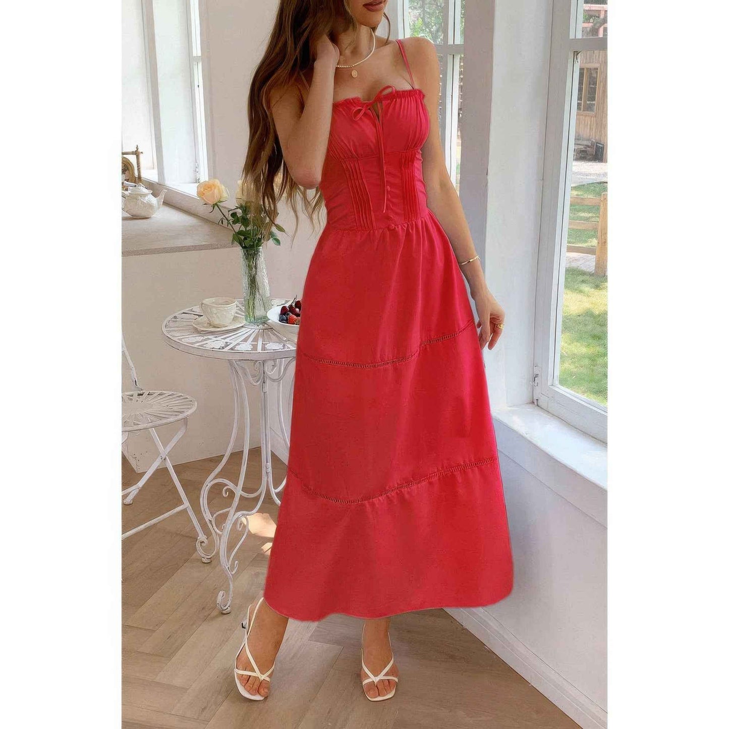 Solid Button Eyelet Dress