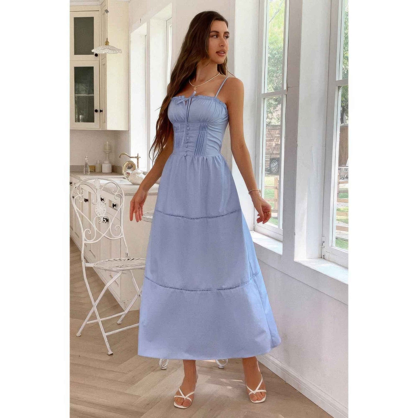 Solid Button Eyelet Dress