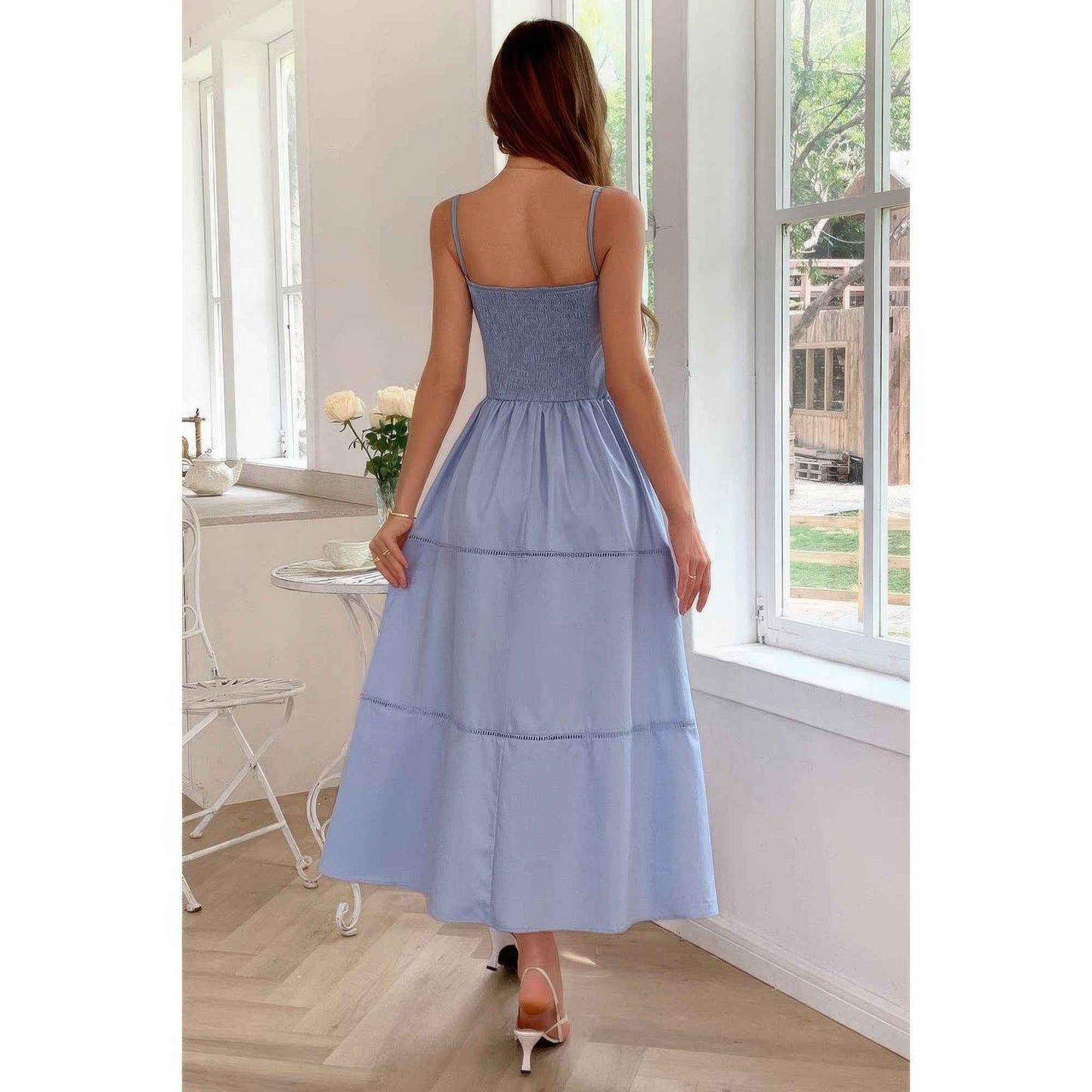 Solid Button Eyelet Dress