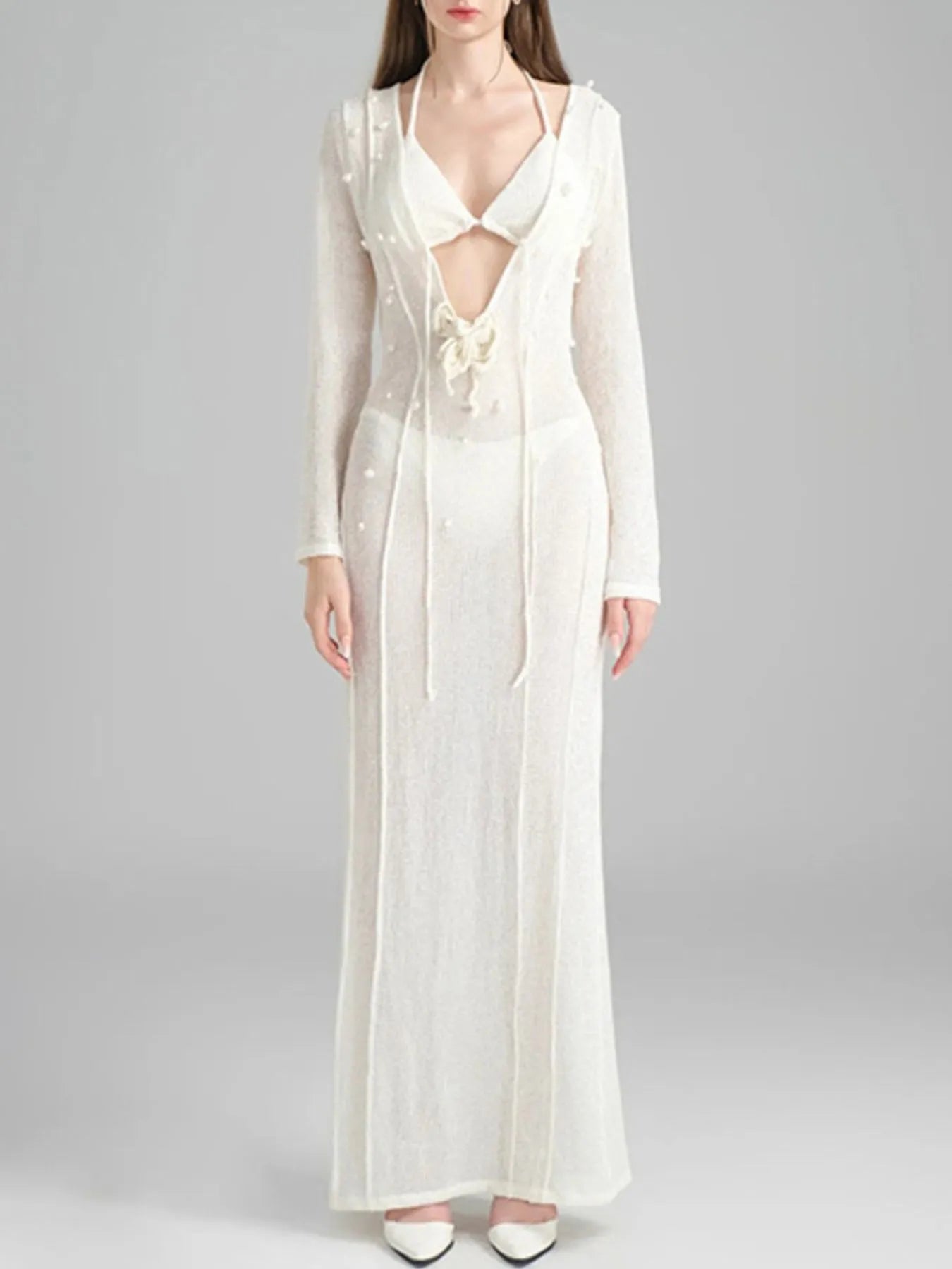 Pearl Detail Long Sleeve Knit Cover Up Dress - TNT Dress Co.