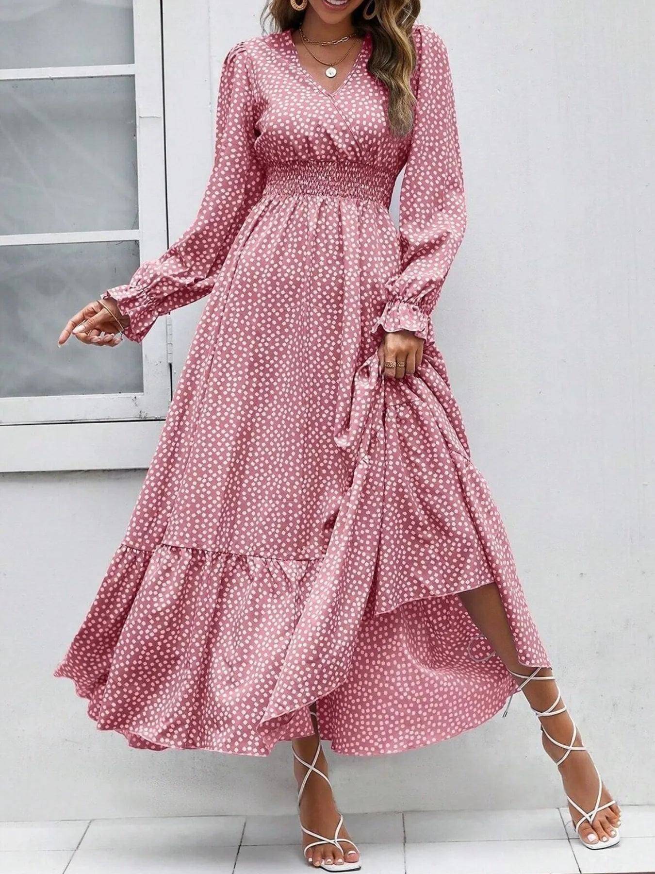 Smocked Waist Polka Dot Long Sleeve Maxi Dress - The Nicole - Tayan Dress Co.