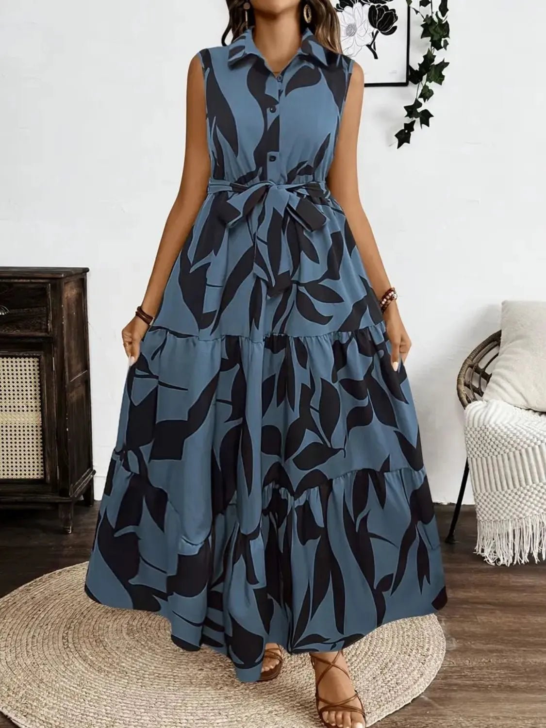Printed Tie Waist Sleeveless Maxi Dress - TNT Dress Co.