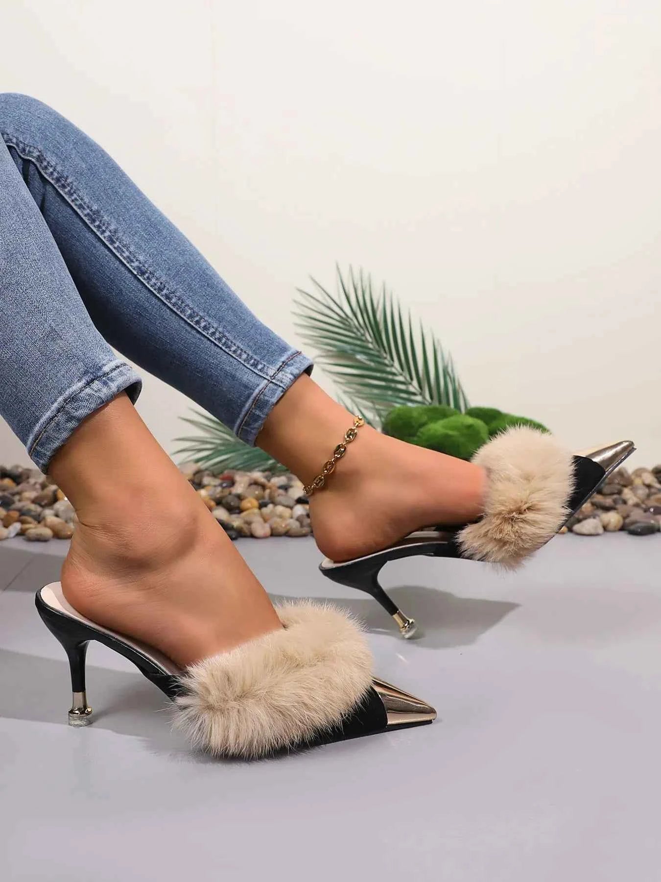Fur-Trimmed Heel Sandals