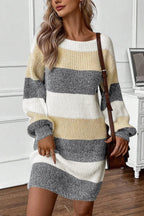 Color Block Boat Neck Long Sleeve Sweater Dress - TNT Dress Co.