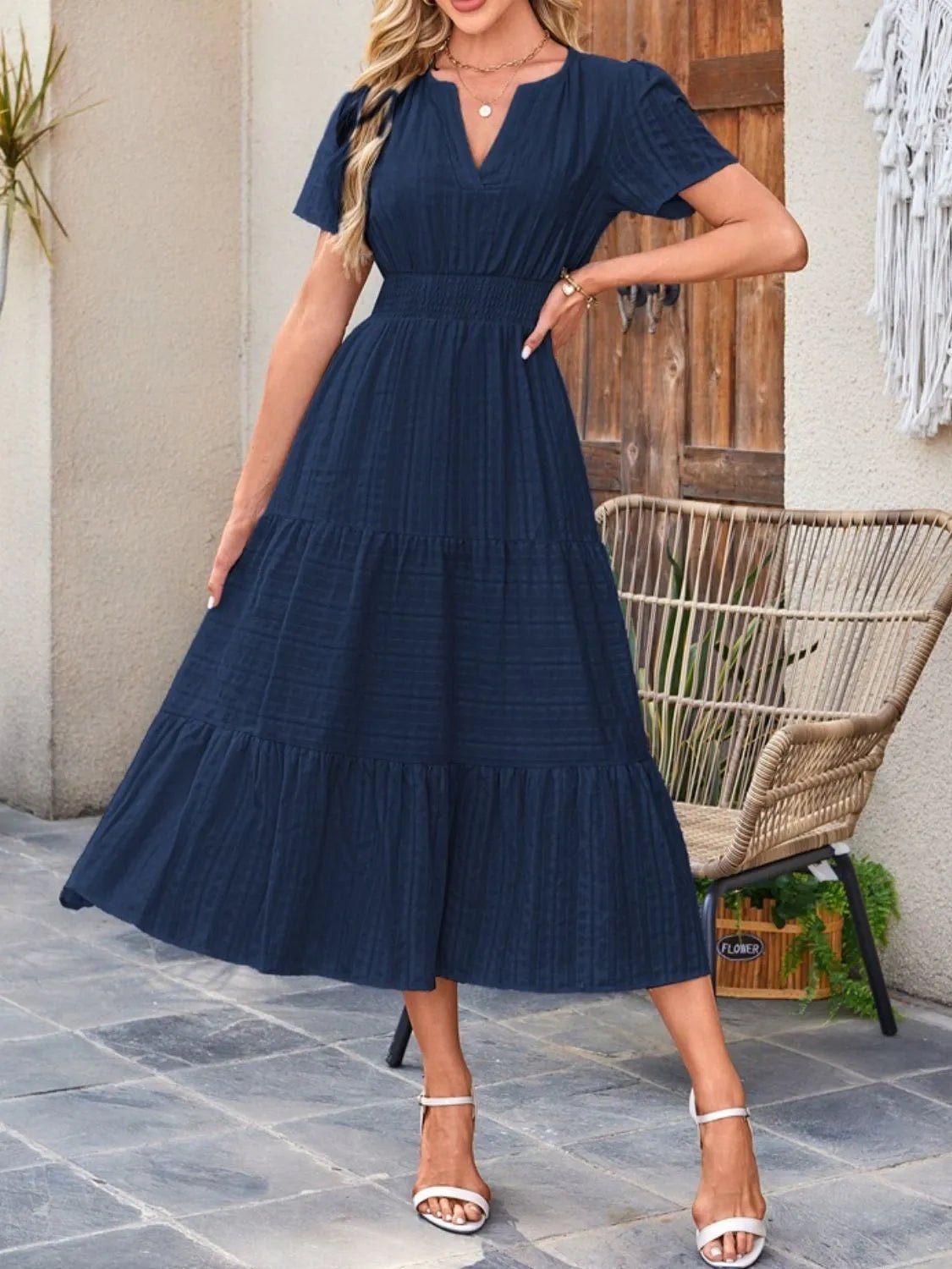Tiered Notched Short Sleeve Dress - TNT Dress Co.