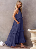 Ruffled Sleeveless Tiered Maxi Dress with Pockets - TNT Dress Co.